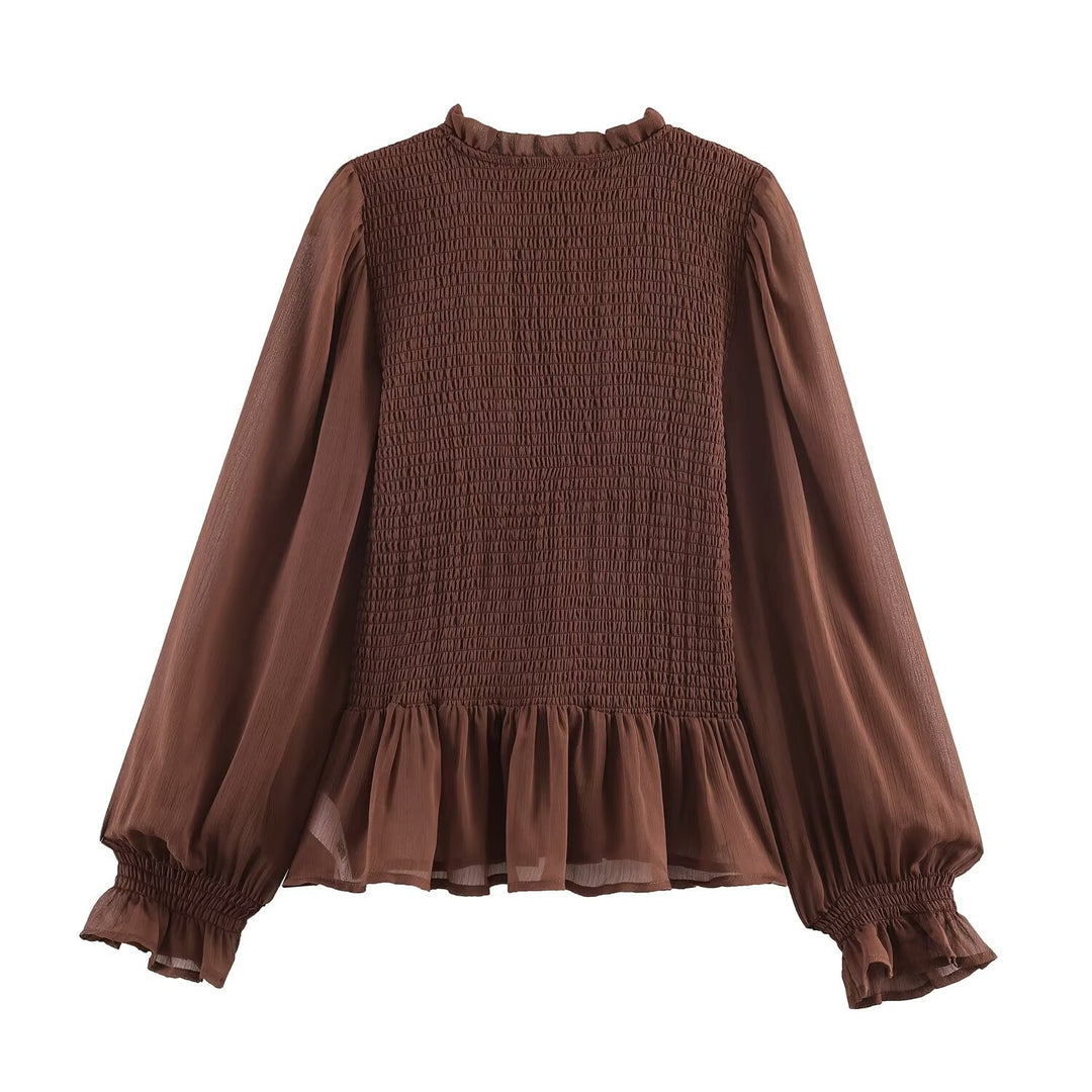 Damen Chiffonbluse mit Smokoberteil, voluminösen Ballonärmeln und Rüschenkragen Drune