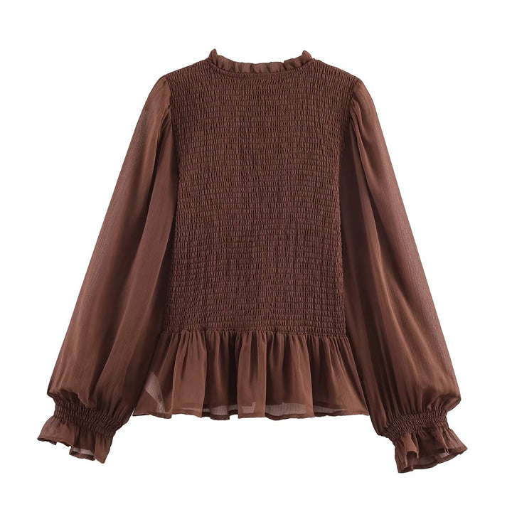 Damen Chiffonbluse mit Smokoberteil, voluminösen Ballonärmeln und Rüschenkragen Drune