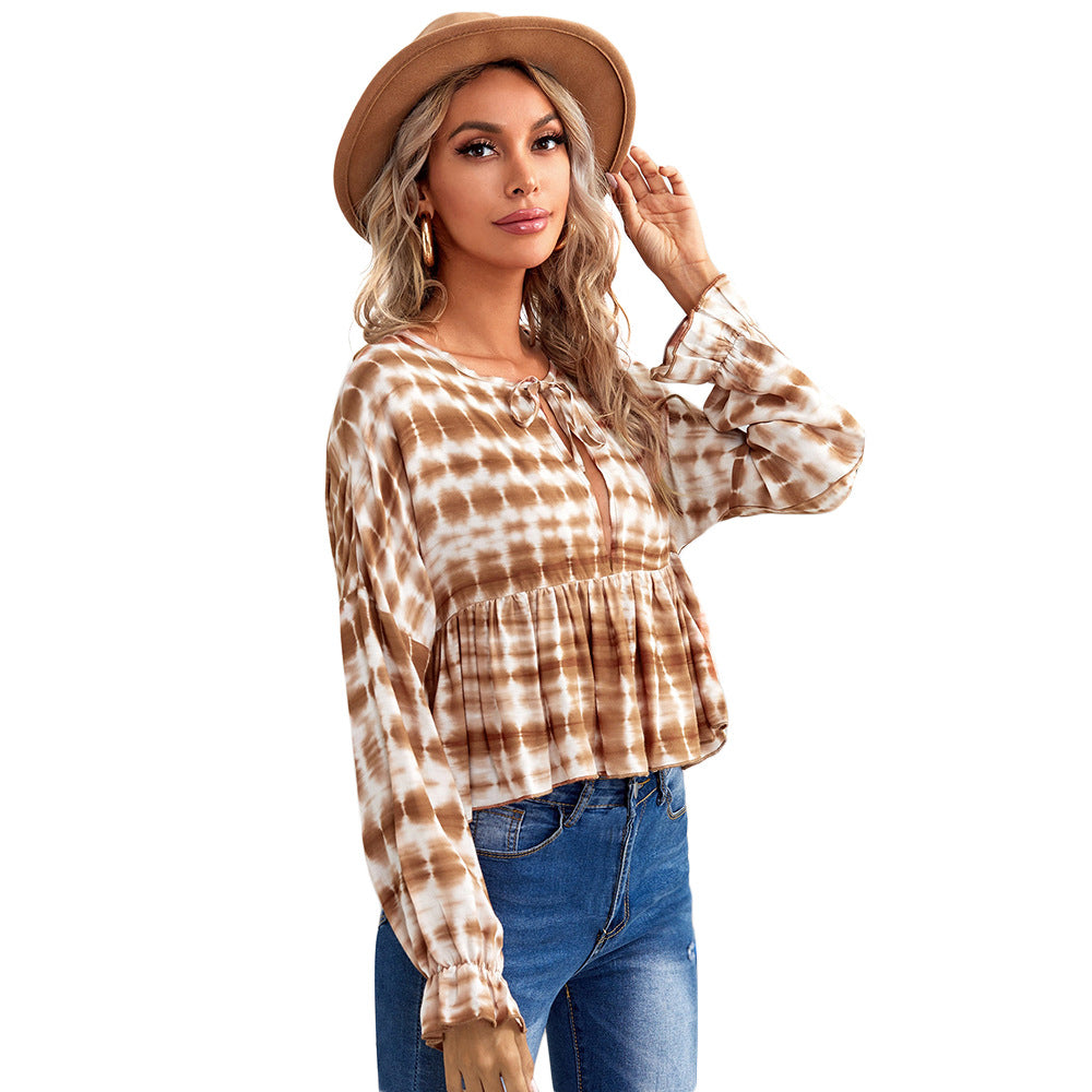 Damen luftiges Peplum-Blusenshirt mit Batikmuster, Kordel‑Neckline und gerafften Ärmeln Drune