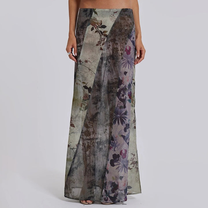 Damen Langer Maxirock mit diagonalen Patchwork-Prints und schlanker A-Linie Drune