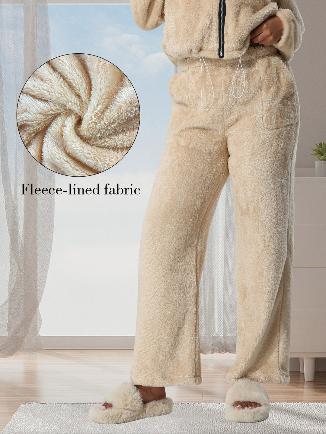 Damen Kuschelige Lounge‑Hose mit weitem Bein, Fleecegefüttert und Kordelzug Drune
