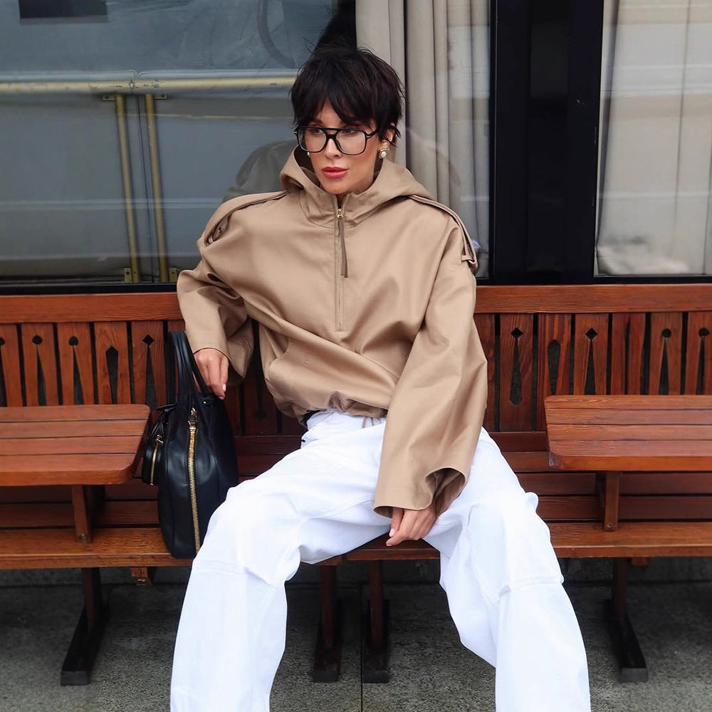 Damen Oversize Kapuzen-Pulloverjacke mit halbem Reißverschluss und Schulterpasse Drune