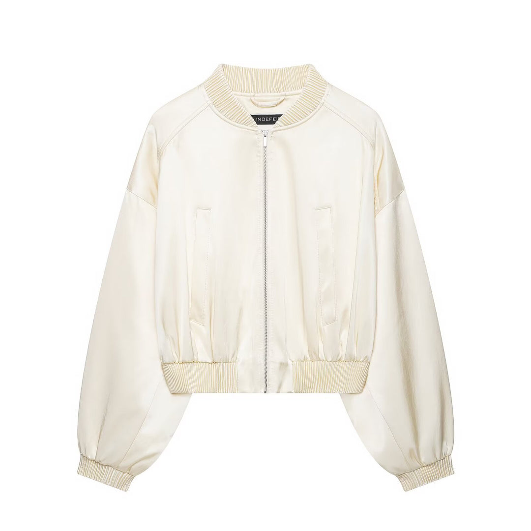 Damen Kurzer Satin-Bomber mit Oversize-Ballonärmeln und Rippkragen Drune