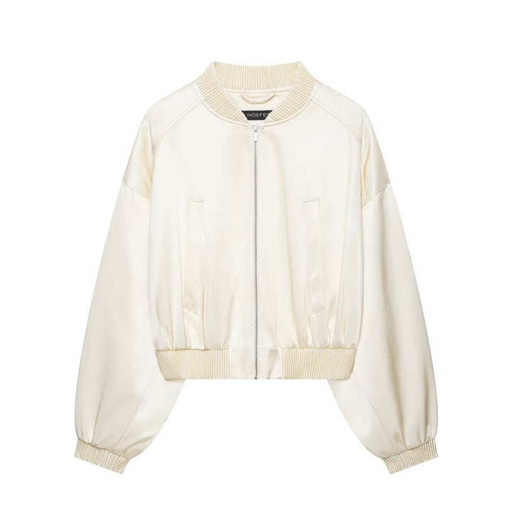 Damen Kurzer Satin-Bomber mit Oversize-Ballonärmeln und Rippkragen Drune