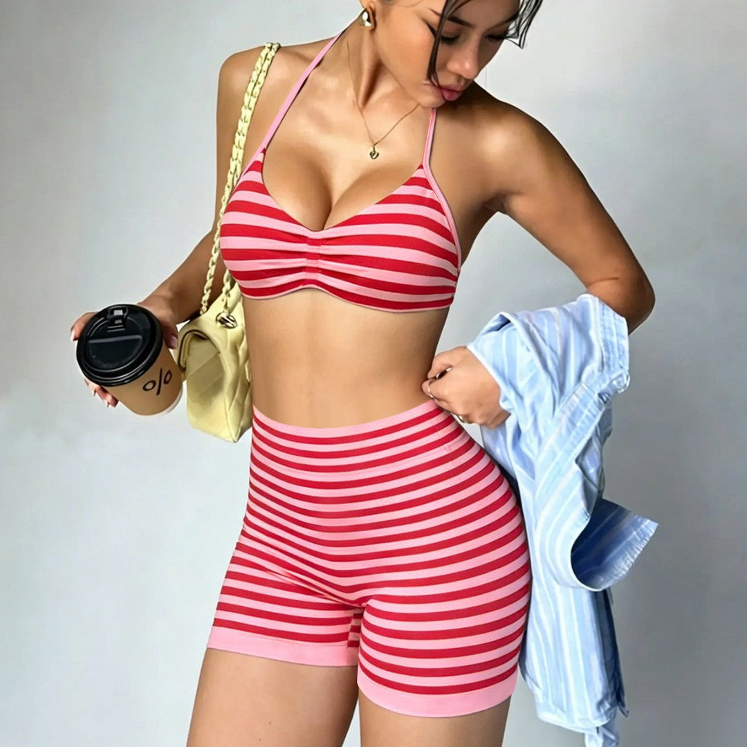 Damen Sportliches Bikini-Set mit hochgeschnittenen Shorts und rüschendetail Drune