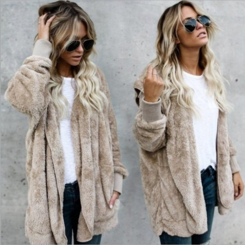 Damen Kuschelige Teddy‑Fleece‑Cardigan mit Kapuze, Oversize‑Schnitt und aufgesetzten Taschen Drune