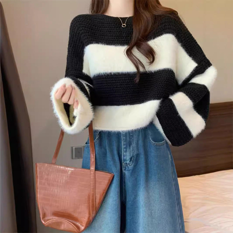 Damen gemütlicher Pullover mit weitem Schnitt und auffälligem Streifenmuster Drune