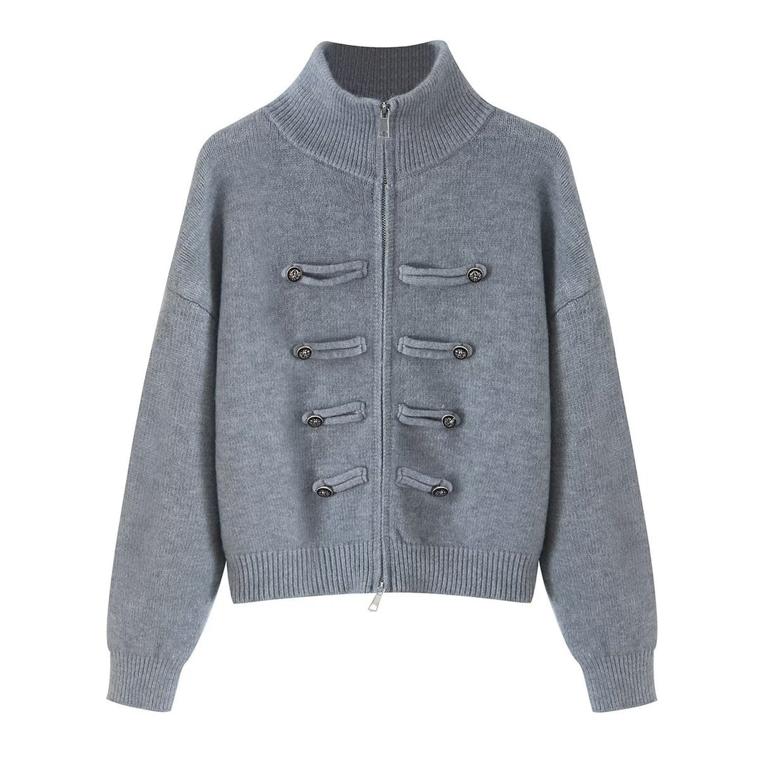 Damen Strickjacke mit Stehkragen, Reißverschluss und dekorativen Knotenblenden Drune