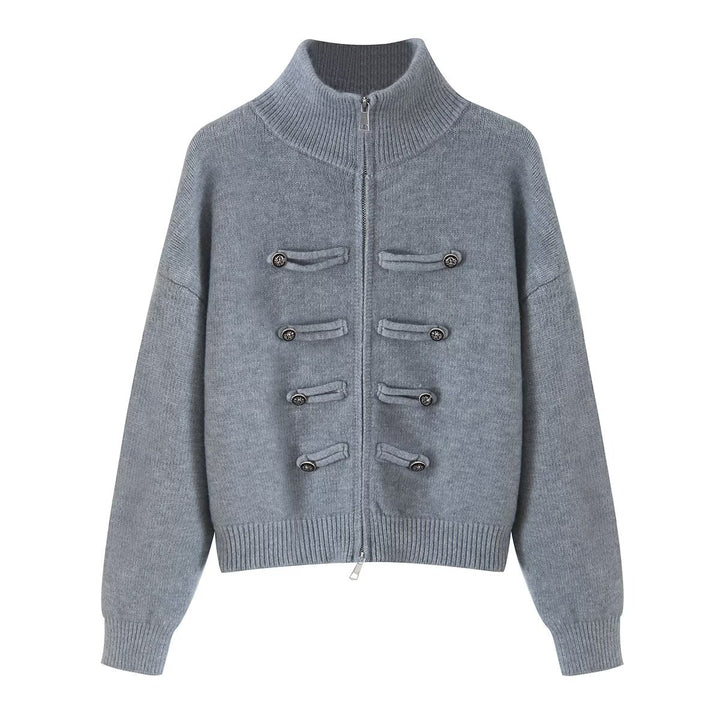 Damen Strickjacke mit Stehkragen, Reißverschluss und dekorativen Knotenblenden Drune
