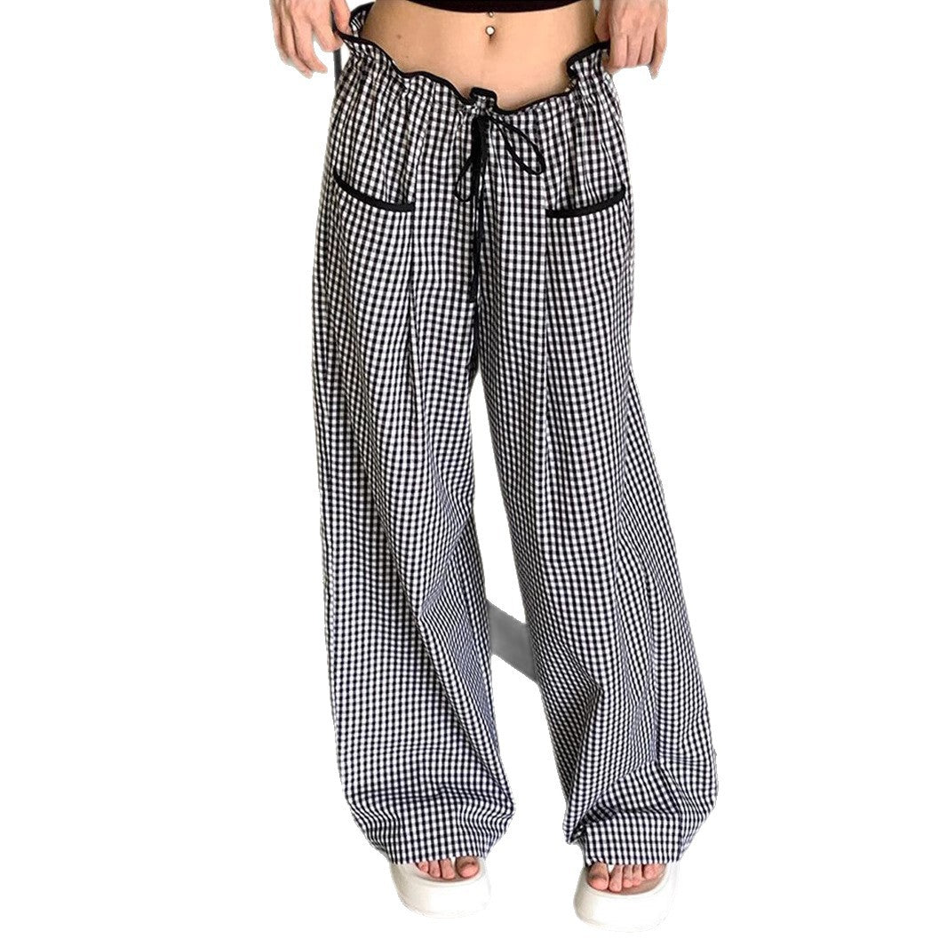 Damen Weite Vichy-Hose mit hoher Smok-Taille, Tunnelzug und aufgesetzten Taschen Drune