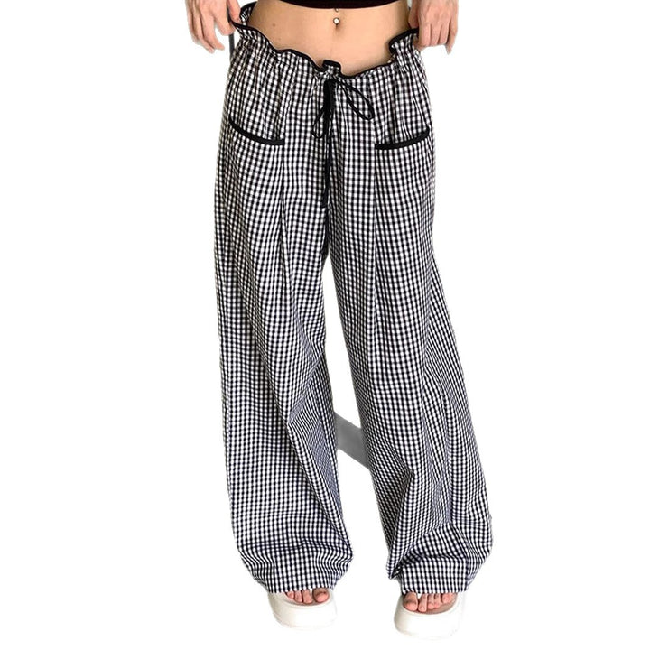 Damen Weite Vichy-Hose mit hoher Smok-Taille, Tunnelzug und aufgesetzten Taschen Drune