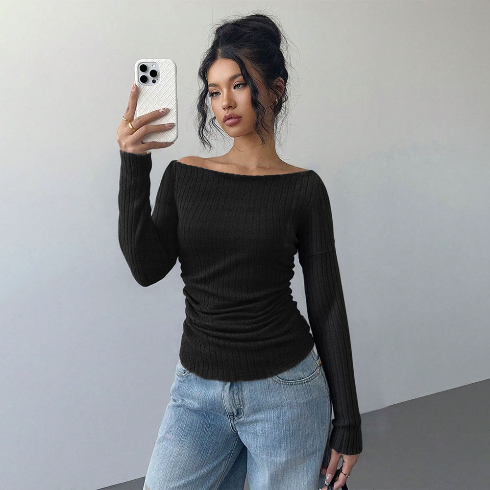 Damen schulterfreies geripptes Langarmshirt mit taillierter Raffung und figurbetontem Stretch Drune