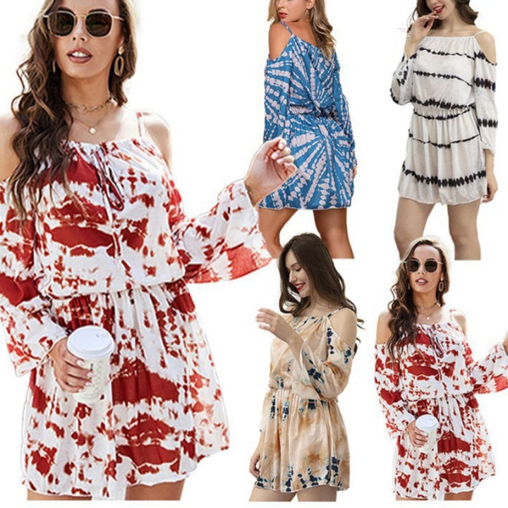 Damen Freizeitkleid mit schulterfreiem Design und Boho-Grafik Drune