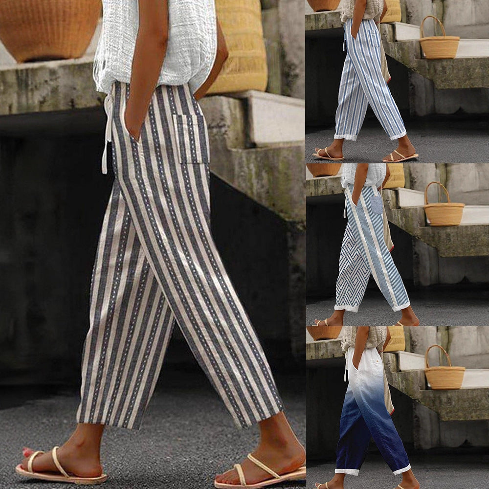Damen Weite Leinenhose mit handgewebtem Muster Drune