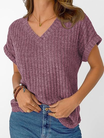 Damen lässiges V-Ausschnitt T-Shirt mit Streifenstruktur Drune
