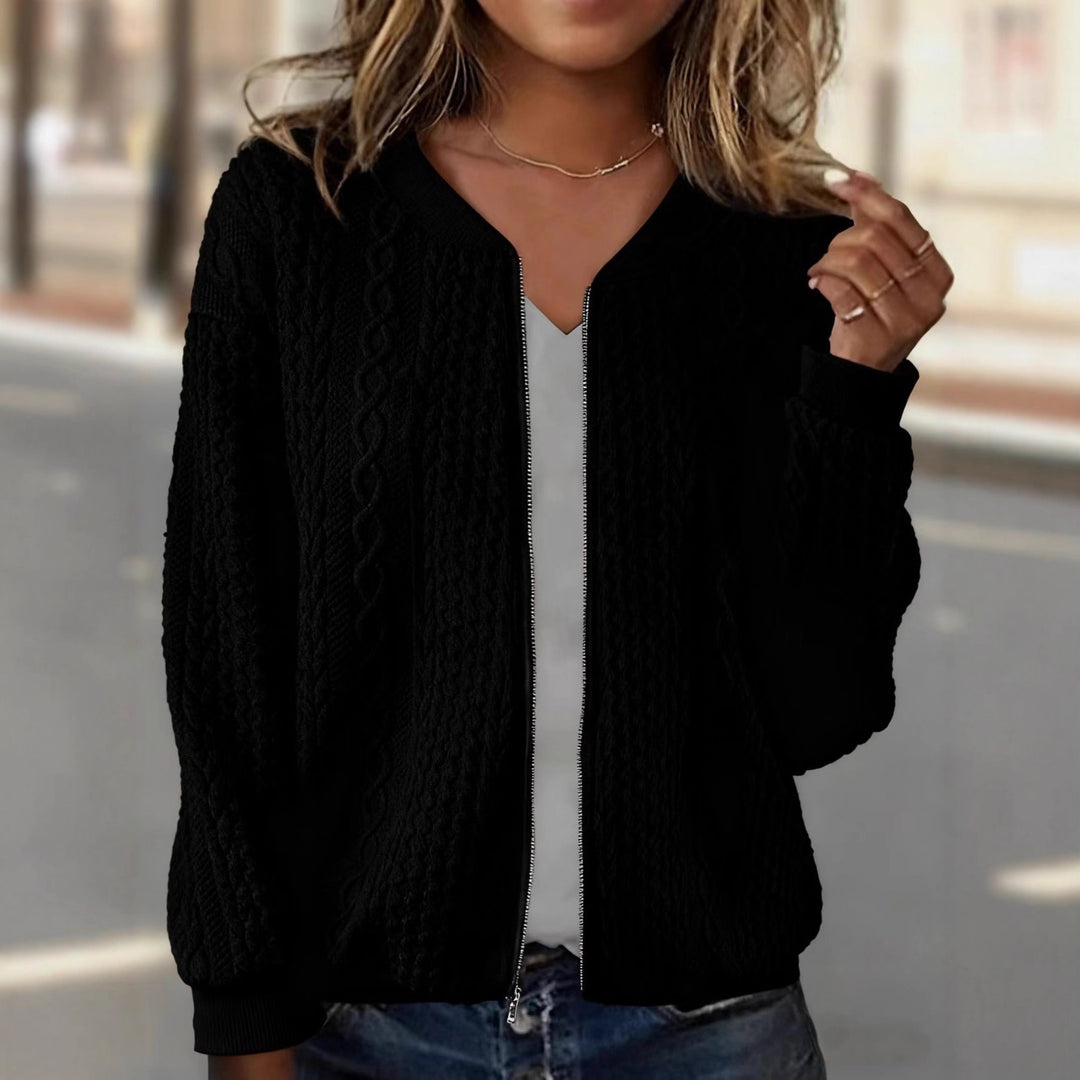 Damen Strick-Bomberjacke mit Zipper und Zopfmuster Drune