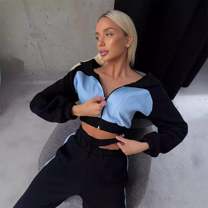 Damen modisches Sportanzug-Set mit cropped Hoodie und weitem Hosen Drune