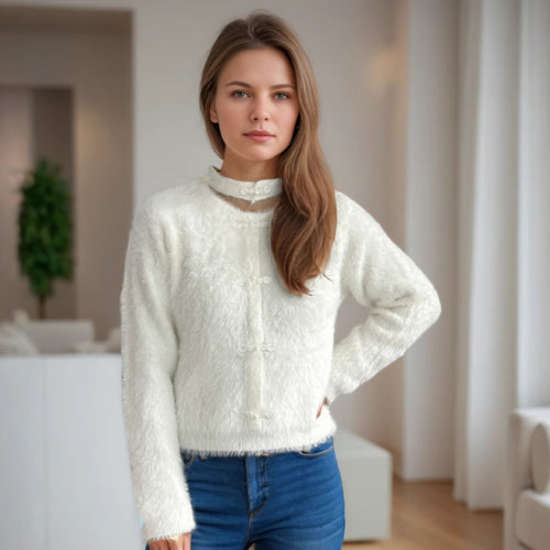 Damen kuscheliger Pullover mit hochgeschlossenem Kragen und dekorativen Knopfdetails Drune