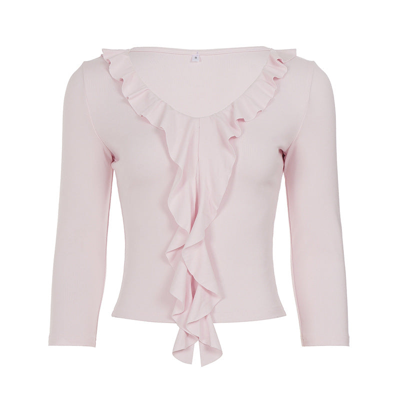 Damen nan tailliertes Langarmshirt mit tiefem V-Ausschnitt und eingesetzter Volant-Rüsche Drune