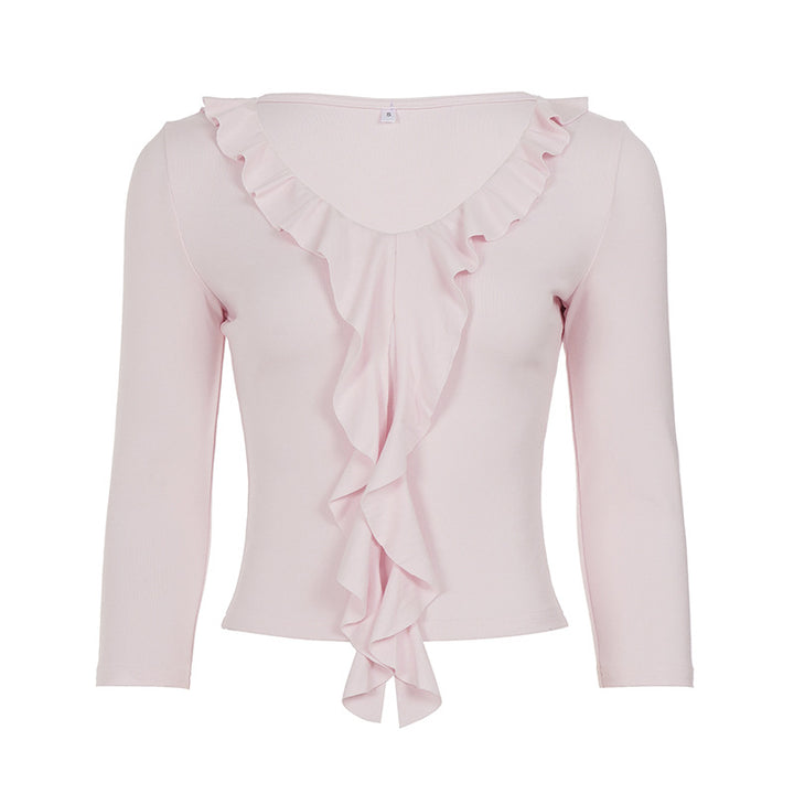 Damen nan tailliertes Langarmshirt mit tiefem V-Ausschnitt und eingesetzter Volant-Rüsche Drune