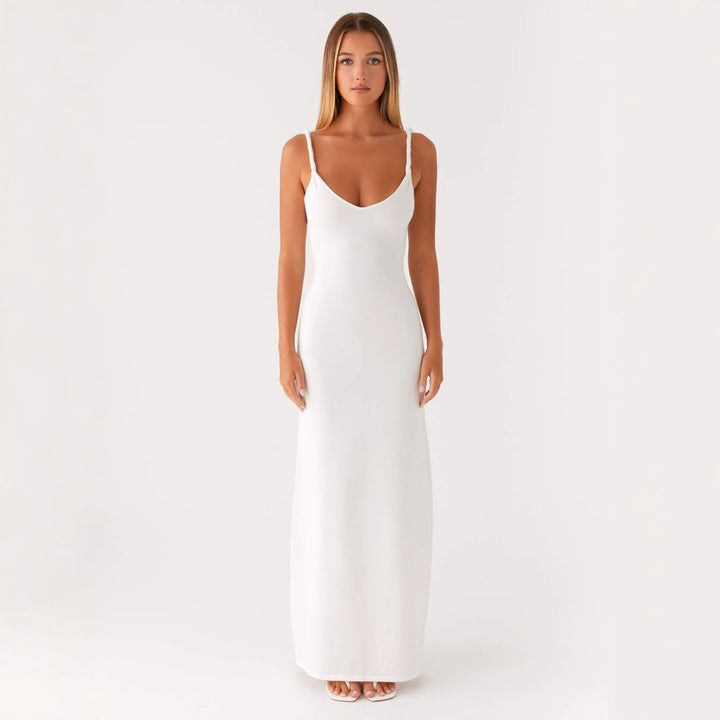 Damen Elegantes Maxirockkleid mit tiefem V-Ausschnitt und feinen Trägern Drune