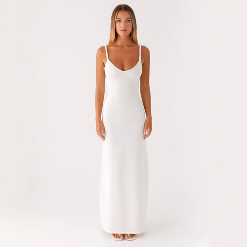 Damen Elegantes Maxirockkleid mit tiefem V-Ausschnitt und feinen Trägern Drune