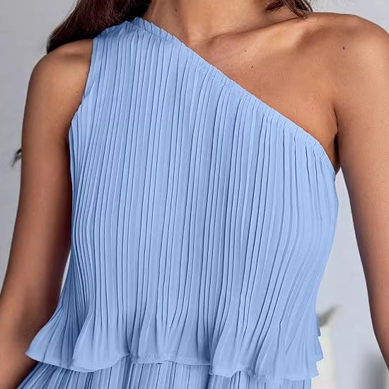 Damen Ärmelloses plissiertes Stufenkleid mit asymmetrischer Schulterpartie Drune