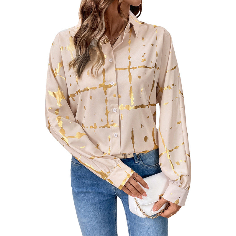 Damen Elegante Langarm-Bluse mit Gold-Folienprint, Hemdkragen und lockerem Schnitt Drune