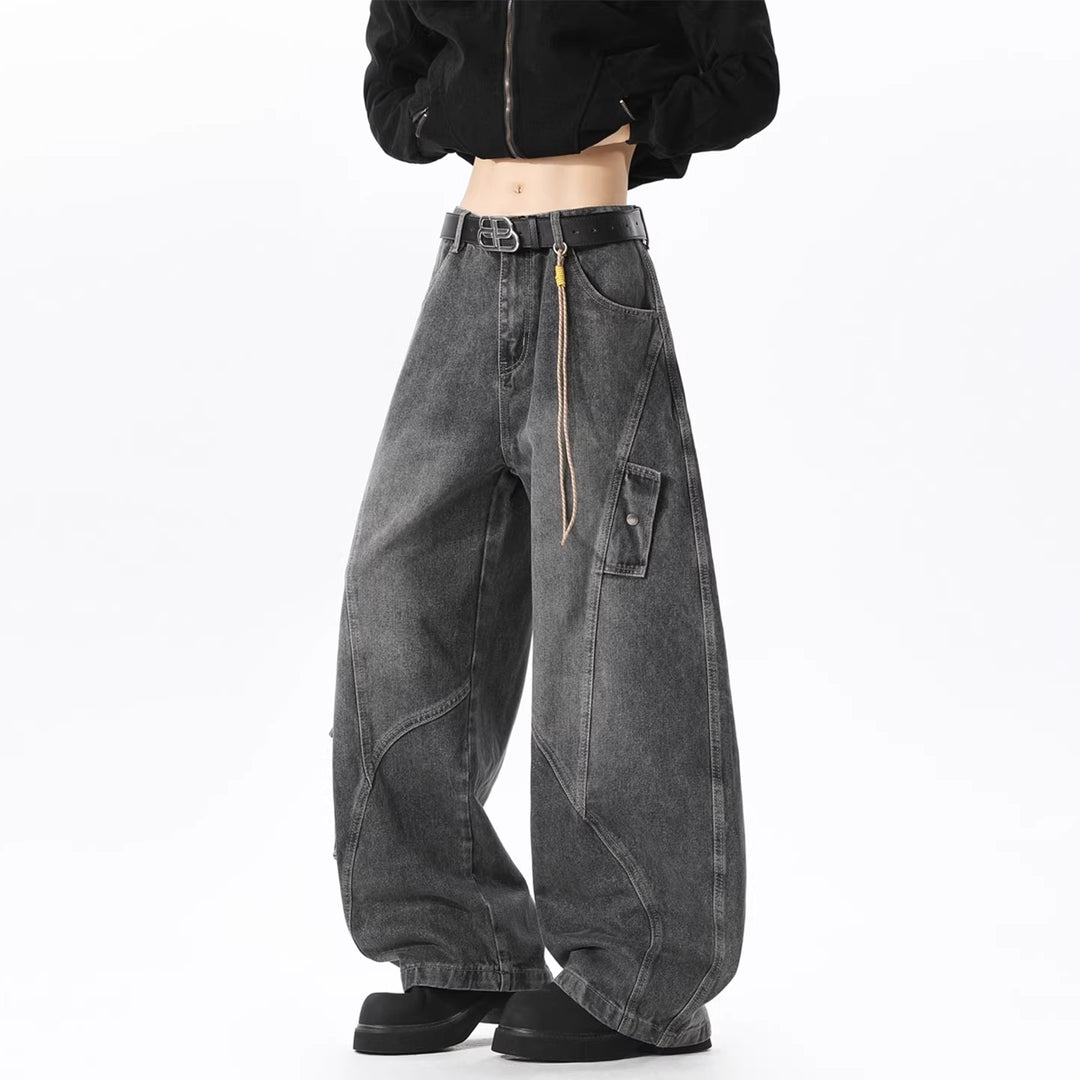 Damen Baggy-Cargo-Jeans aus gewaschenem Denim mit hoher Taille und Panelnähten Drune