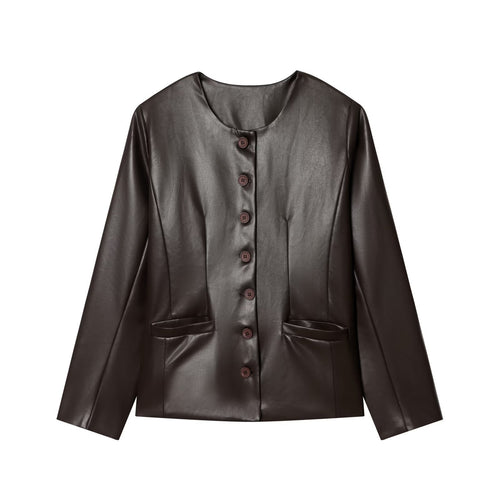 Damen Knopfblazer aus veganer Lederoptik im Cropped‑Boxy‑Schnitt mit Rundhalsausschnitt Drune