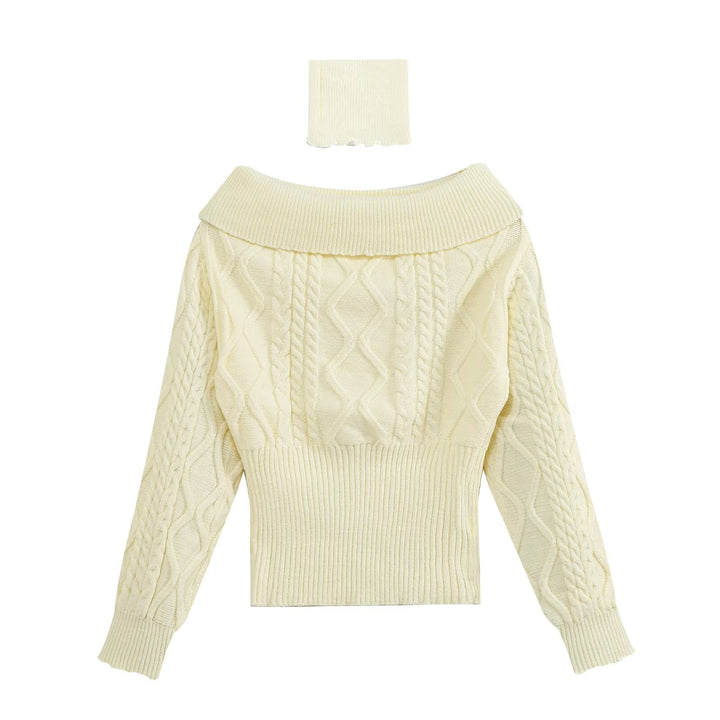 Damen Schulterfreier Zopfmuster-Pullover mit weitem Umschlagkragen Drune