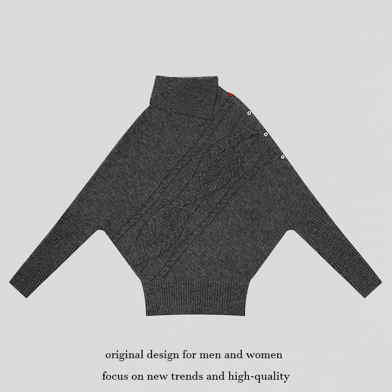 Damen Oversize-Pullover mit Rollkragen, asymmetrischer Schulter-Knopfleiste und Zopfstrick-Details Drune