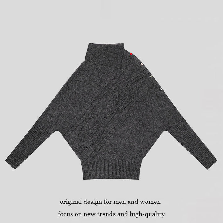 Damen Oversize-Pullover mit Rollkragen, asymmetrischer Schulter-Knopfleiste und Zopfstrick-Details Drune