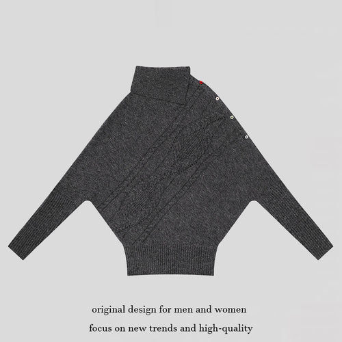 Damen Oversize-Pullover mit Rollkragen, asymmetrischer Schulter-Knopfleiste und Zopfstrick-Details Drune