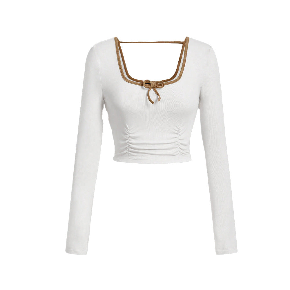 Damen cropped Langarmshirt mit modischem Quadrat-Ausschnitt und raffinierten Knoten-Details Drune