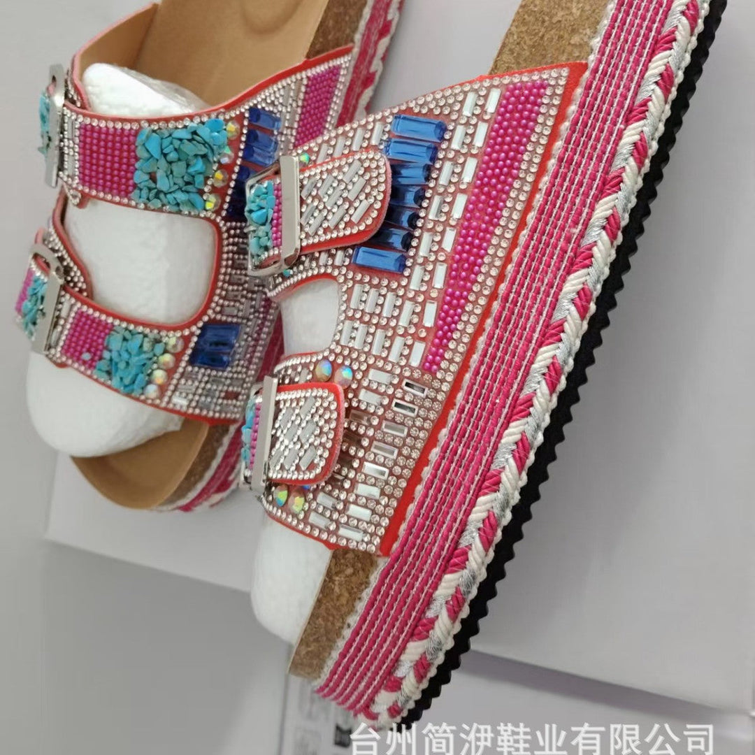 Damen bequeme Sandalen mit dekorativen Steinen und breiten Riemen Drune