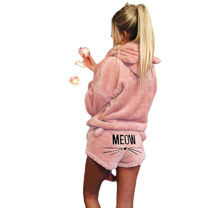 Damen nan kuscheliges zweiteiliges Lounge-Set mit Kapuzenpullover und Shorts mit MEOW-Stickerei Drune