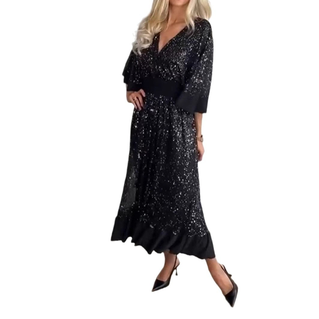 Damen nan schimmerndes Abend-Maxikleid mit Kimonoärmeln und taillenbetontem Bund Drune
