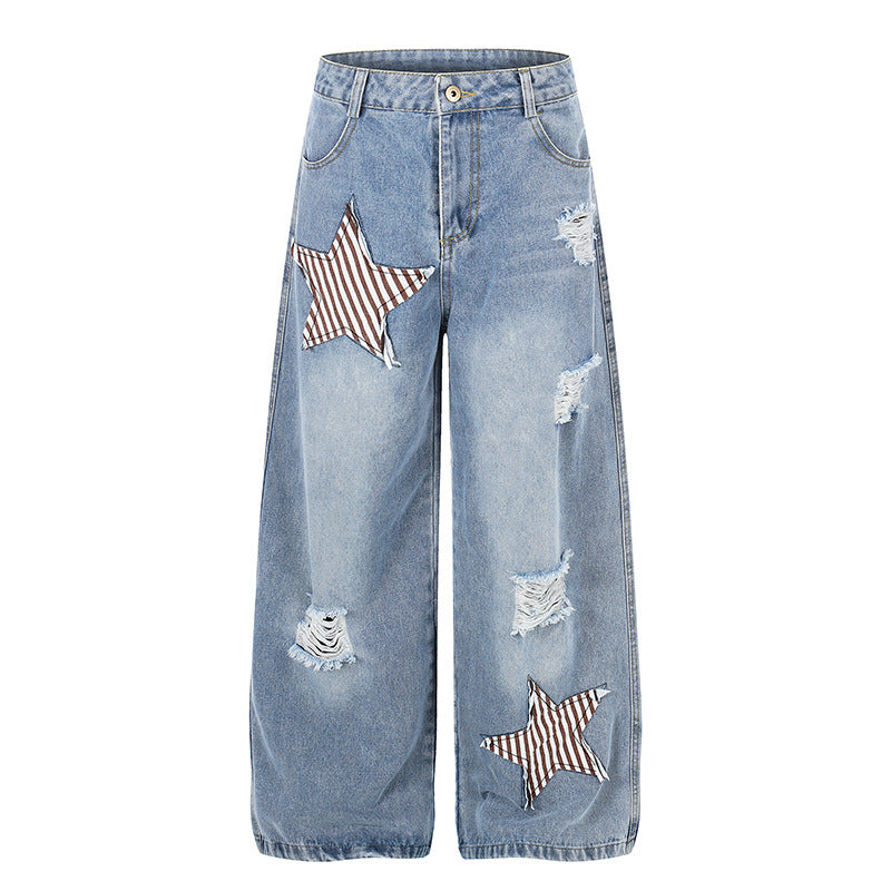 Damen weite hochgeschnittene Jeans mit Stern-Applikationen und Destroy-Effekt Drune