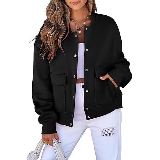 Damen Oversized Bomberjacke aus French Terry mit Druckknopf und aufgesetzten Taschen Drune