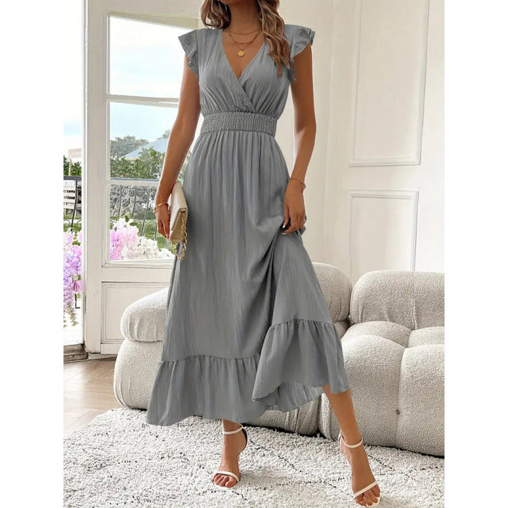Damen Maxikleid mit voluminösen Rüschenärmel und elegantem Bund Drune
