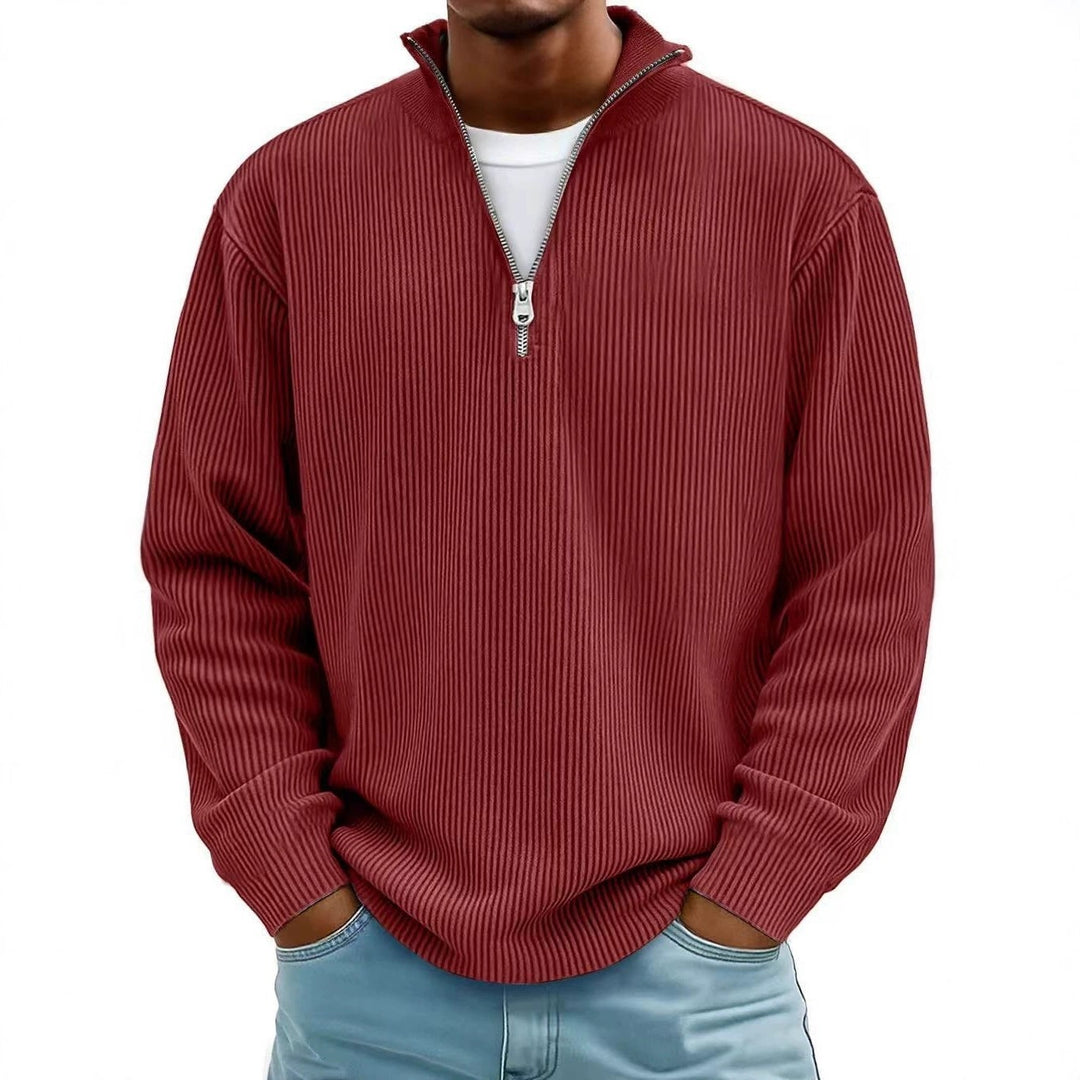Herren Gerippter Halbzip-Strickpullover mit Stehkragen und lockerer Passform Drune