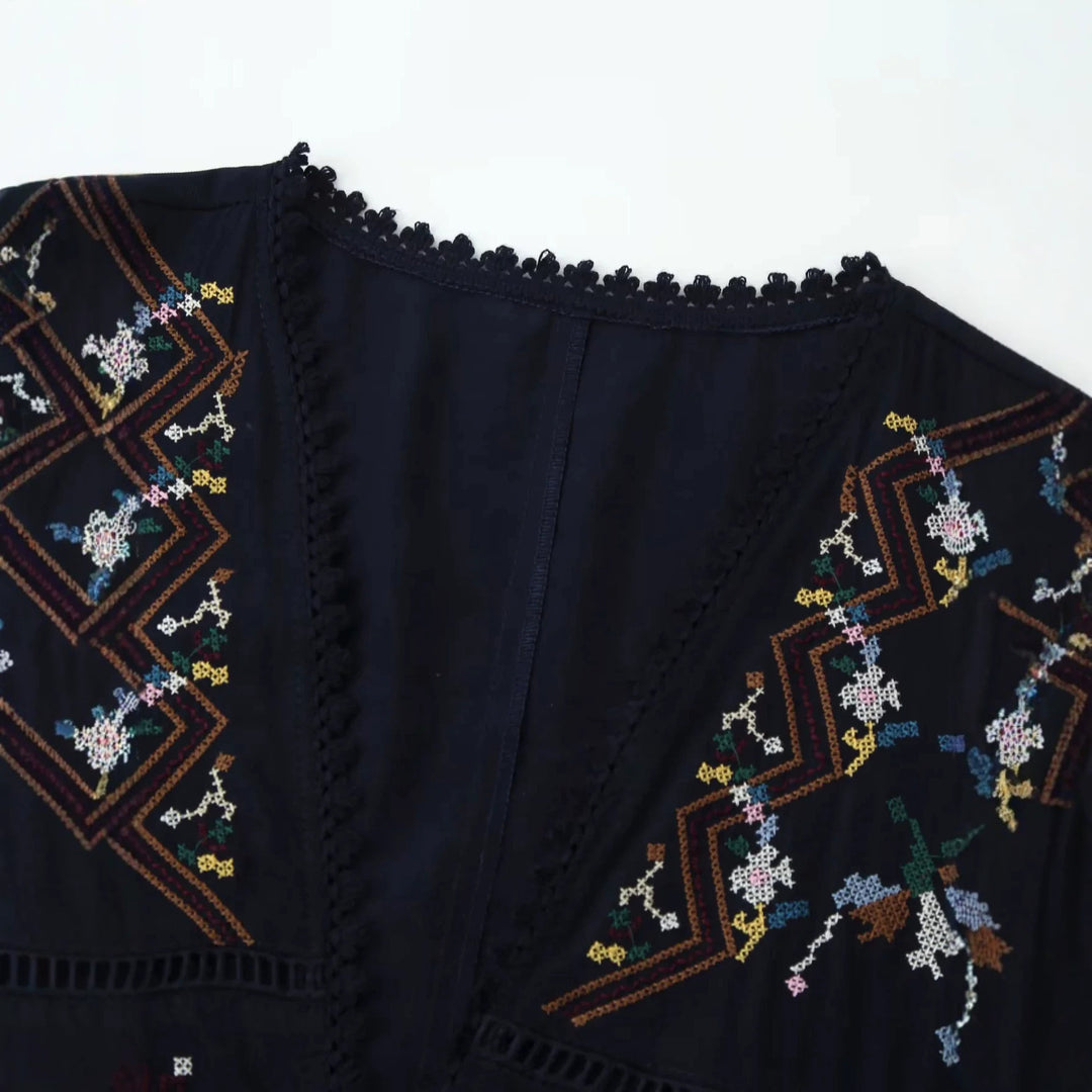 Damen nan bestickte Kimono-Jacke mit Bindeband, Häkelkante und ellenbogenlangen Ärmeln Drune