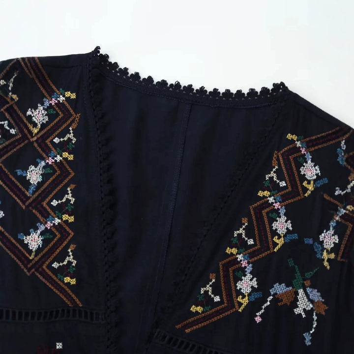 Damen nan bestickte Kimono-Jacke mit Bindeband, Häkelkante und ellenbogenlangen Ärmeln Drune