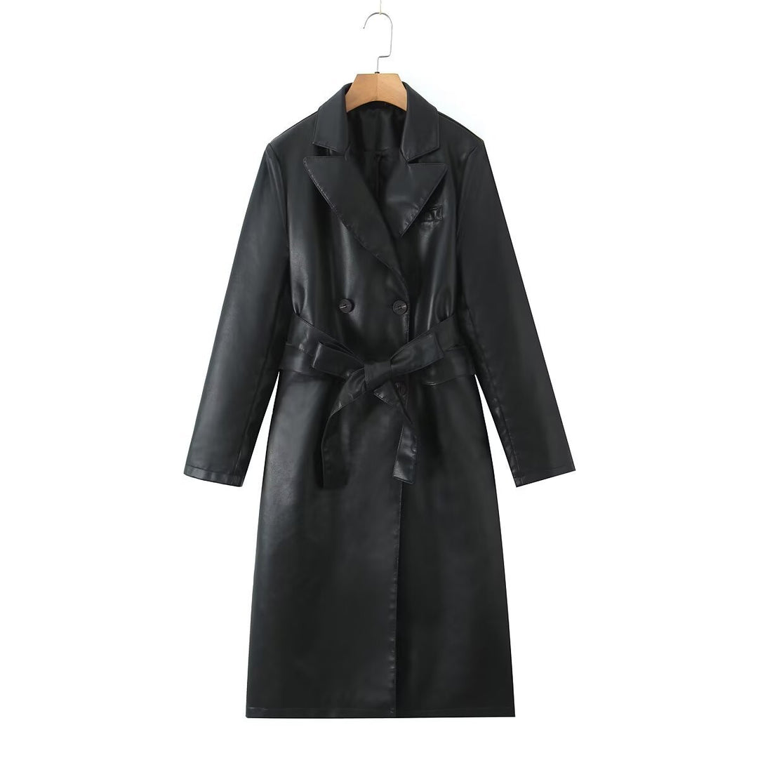 Damen Kunstleder Trenchcoat mit Taillengürtel und eleganter Taschennaht Drune