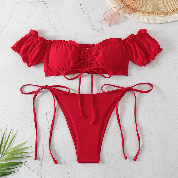 Damen Bandeau Bikini mit puffärmeliger Oberteil Drune