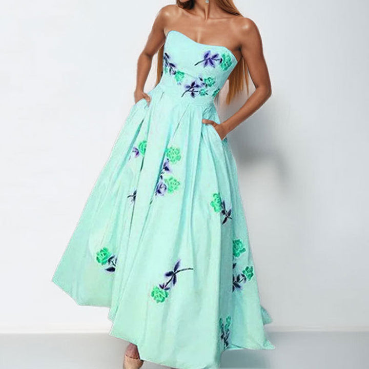 Damen Elegantes Strapless Maxikleid mit floralem Design und seitlichen Taschen Drune
