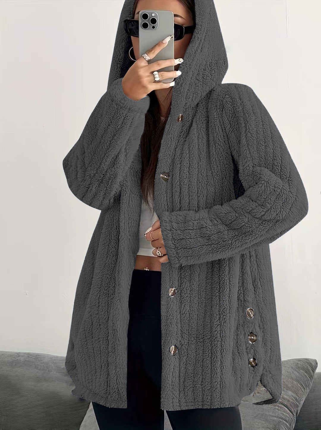 Damen Kuschelige Kapuzenjacke mit Knopfdetails Drune