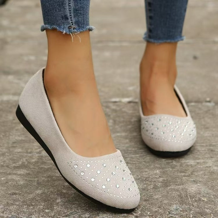 Damen nan flache Ballerina-Slipper aus Veloursimitat mit Strassapplikation und gepolsterter Komfortinnensohle Drune