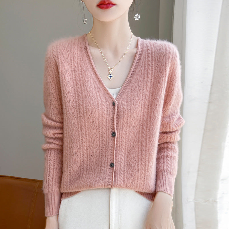 Damen Kurzer Zopfmuster-Cardigan im Mohair-Look mit V‑Ausschnitt und gerippten Bündchen Drune